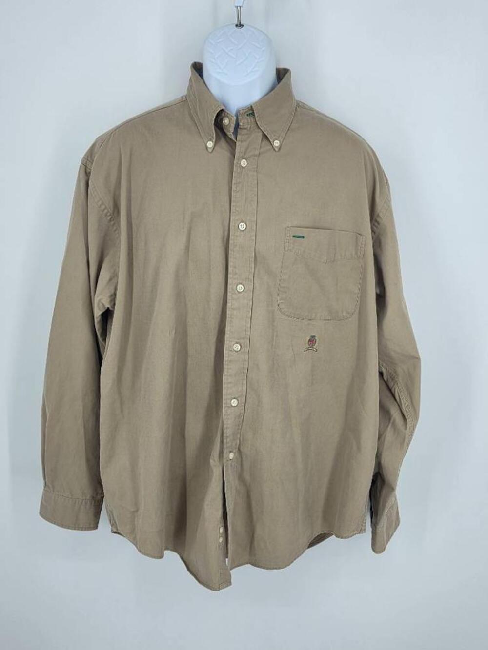 Vintage Tommy Hilfiger Mens XL Crest Button Shirt Khaki Twill 90s Big Shirt